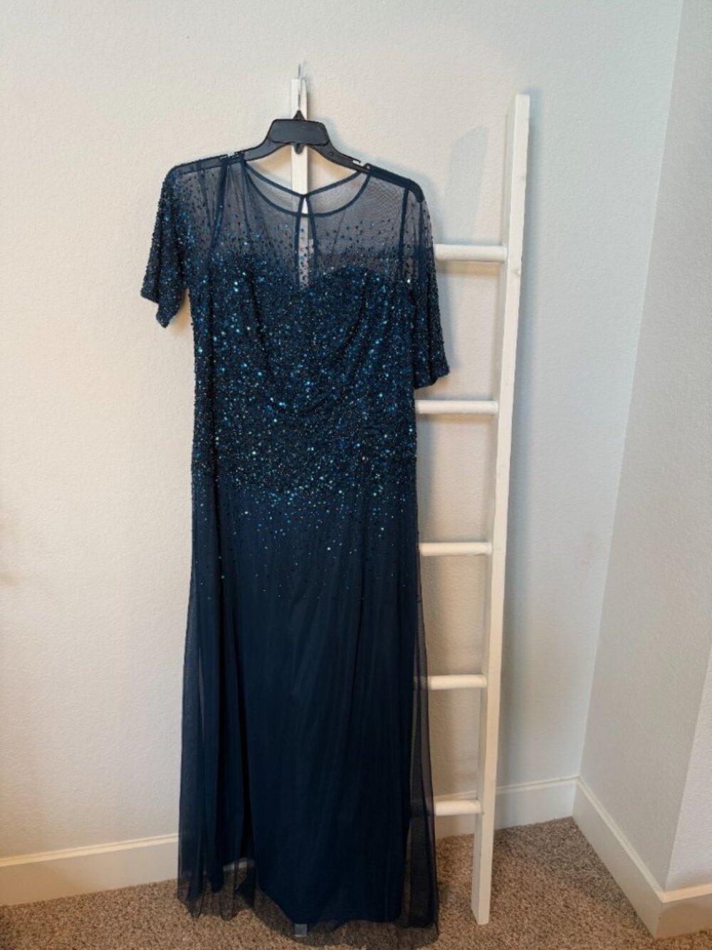 Adrianna Papell Short-Sleeve Beaded Illusion Gown Dark Teal-Blue Size 16W